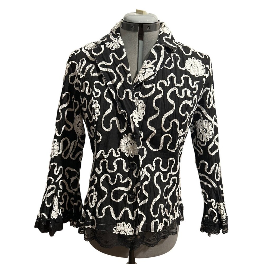 Alberto Makali Womens Black & White Ribbon Lace Trim Button Up Top/Jckt Size 4
